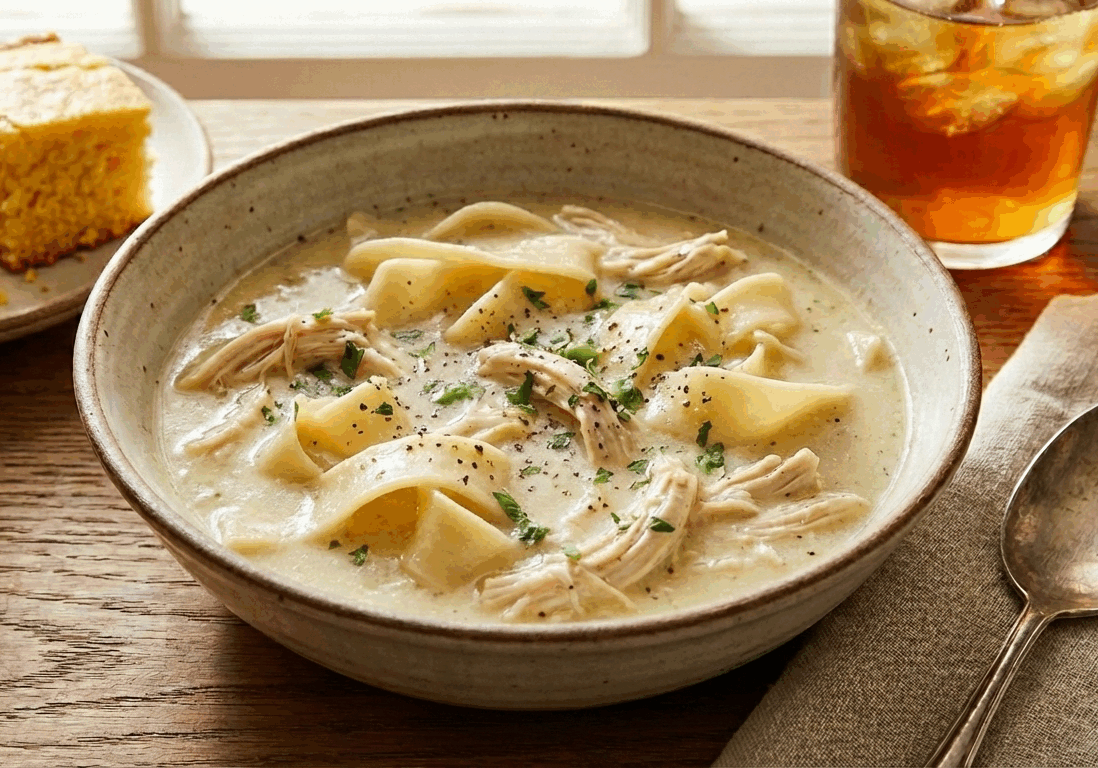 Creamy chicken and noodle soup garnished with herbs.