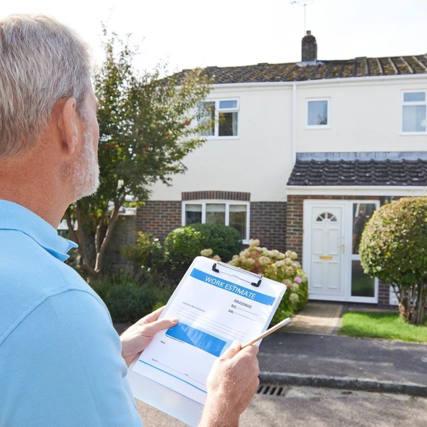 Man inspecting a house with a checklist on a clipboard.
